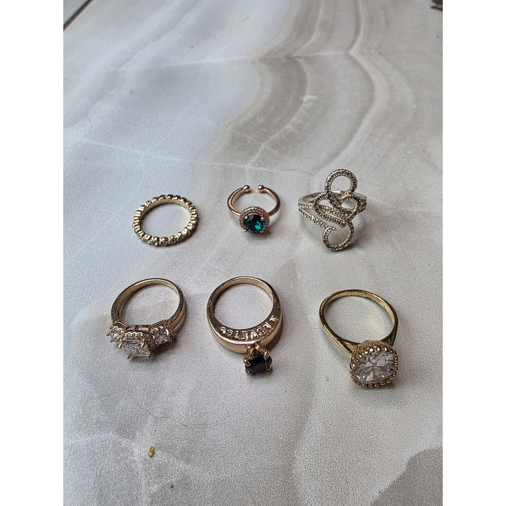 Ring Lot‎ 6pc Gold Tone Crystal Statement I Love You Engagement Ring K2